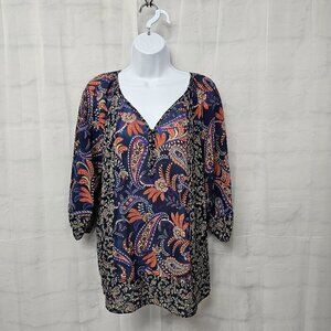 Chaps Blouse Blue Paisley Boho Cottage Peasant Casual Festival PM